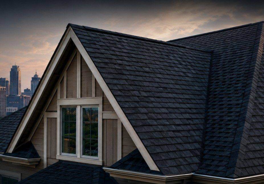 Shingle roof with a dormer window against the Atlanta skyline at dusk